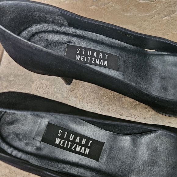 Stuart Weitzman suede pumps size 9.5 black leather heels square toes 3" Heels - Picture 4 of 14